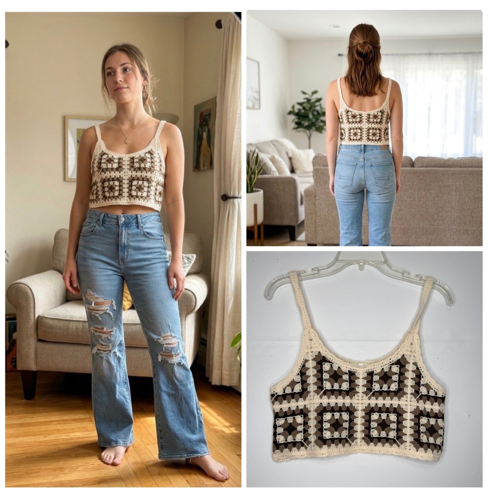 Rebellion Again Crochet Crop Top Womens XS Granny Square Festival Boho 70's Chic